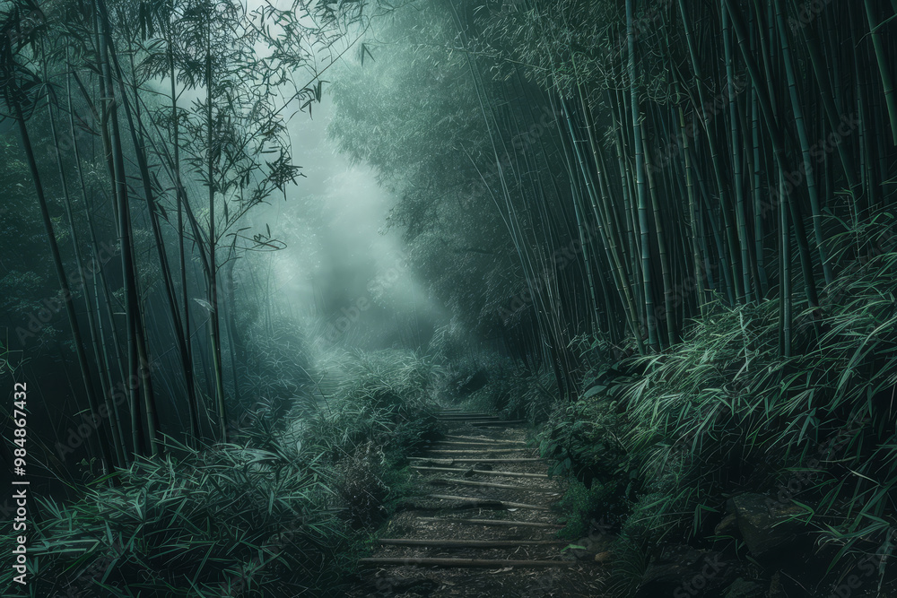 Poster a forest path with a foggy mist and a lot of trees