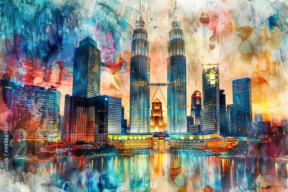 Poster a cityscape with a bridge in the middle and a large building in the background