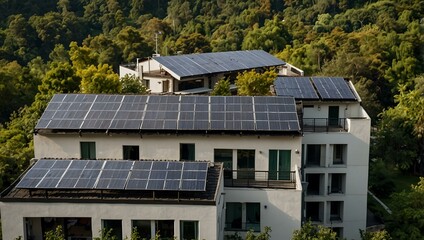 Residential building with rooftop solar panels and lush greenery.