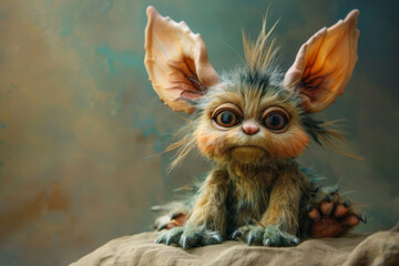 A small furry creature with big ears and a big nose is sitting on a rock