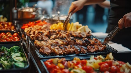 Naklejka premium Grilled meat and vegetables, Food on a buffet table at the hotel, Group of people on catering buffet food indoor in restaurant with grilled meat Buffet service