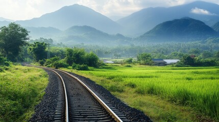 Fototapeta premium A railway track passing through a picturesque landscape with lush green fields and mountains in the background, evoking a sense of travel and adventure.