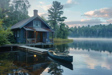 Obraz premium A cabin with a dock and a canoe is on a lake