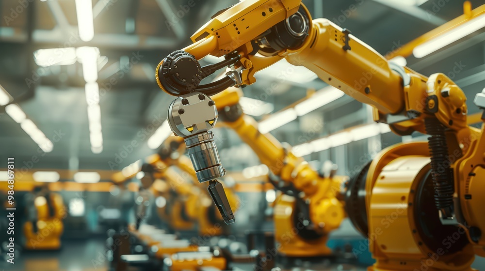 Poster robotic arms working on an assembly line in a factory, representing ai in the industrial revolution 