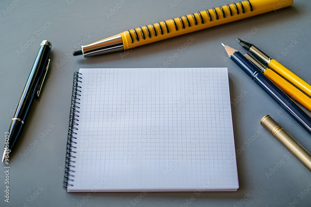 Poster writing instruments and notepad on a neutral background with space available; aerial view of an orga