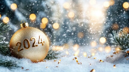 Happy New Year 2024 golden background. Numbers on snow in winter forest. Holidays card with bright lights and Christmas ball.