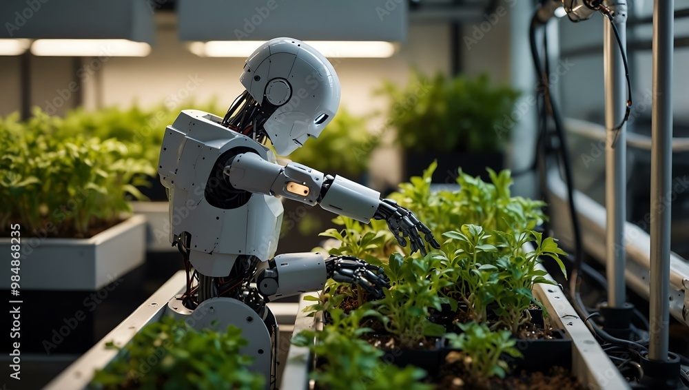 Poster robot tending to plants in a hydroponic setup filled with greenery.