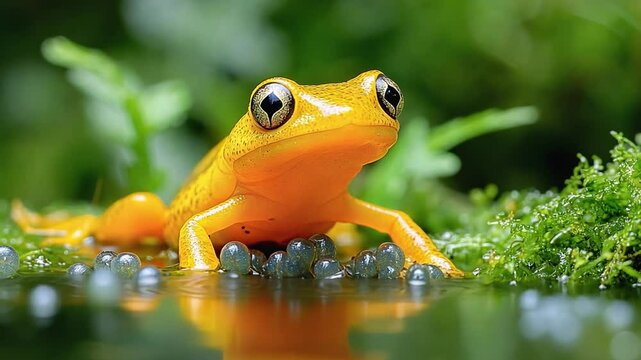 Bright yellow frog sits on a pile of eggs near green moss