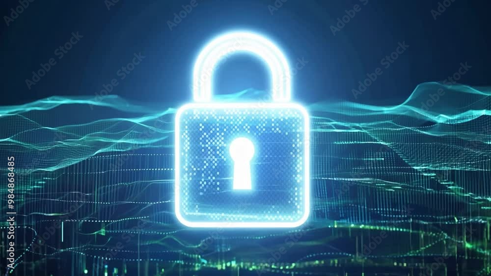 Poster A glowing digital lock symbol represents security and protection in a network environment. Waves of data undulate in the background, emphasizing cyberspace dynamics.