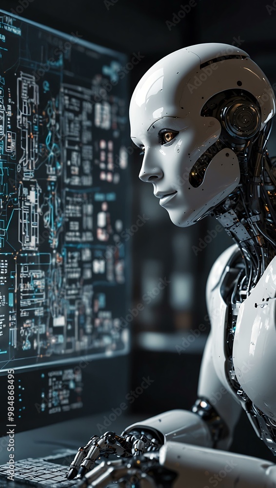 Poster robots studying graphics in high-tech offices, monitoring futuristic cities.