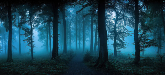 Naklejka premium Panorama of foggy forest. Fairy tale spooky looking woods in a misty day. Cold foggy morning in horror forest