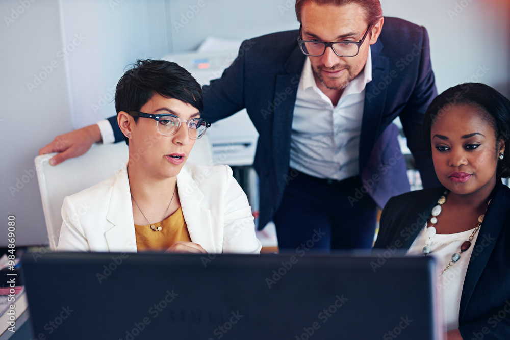 Poster computer, training and teamwork with business people in office for online solution, brainstorming an
