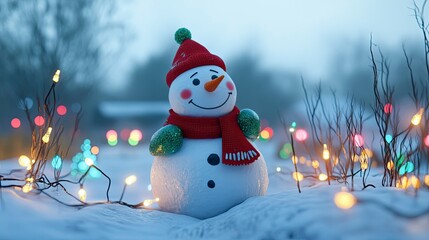 A snowman with a bright red scarf and green mittens, standing in a snowy field surrounded by twinkling Christmas lights.