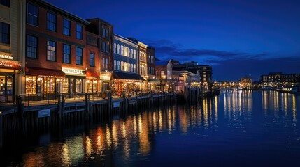 Fototapeta premium A scenic waterfront street with illuminated buildings and a waterfront view, reflecting the lights on the water and creating a tranquil, elegant atmosphere.
