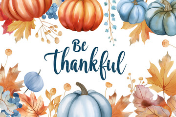 Inscription be thankful and autumn leaves and pumpkins, thanksgiving card watercolor illustration