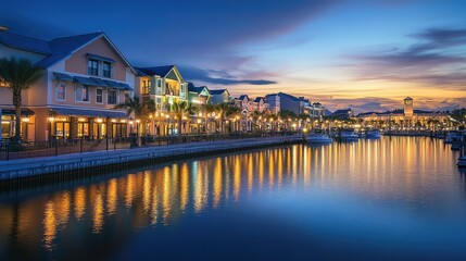 A scenic waterfront street with illuminated buildings and a waterfront view, reflecting the lights on the water and creating a tranquil, elegant atmosphere.