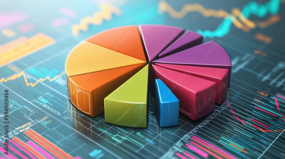 Aufkleber a segmented 3d pie chart with colorful pieces, each labeled with financial data, set on a digital pl