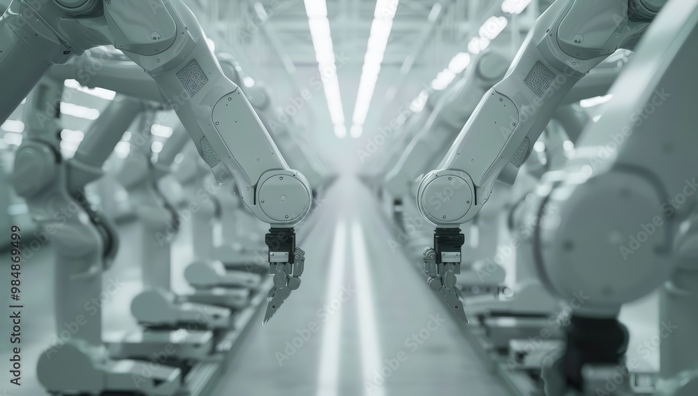 Poster robotic arms operating on a factory assembly line, illustrating ai driven automation in manufacturin