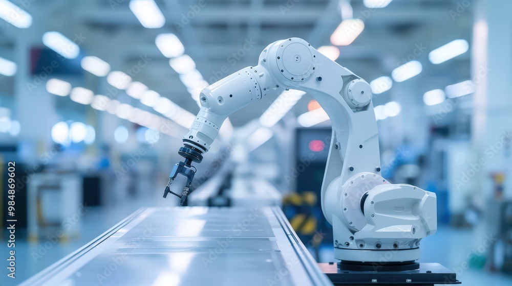 Poster robotic arms operating on a factory assembly line, illustrating ai driven automation in manufacturin