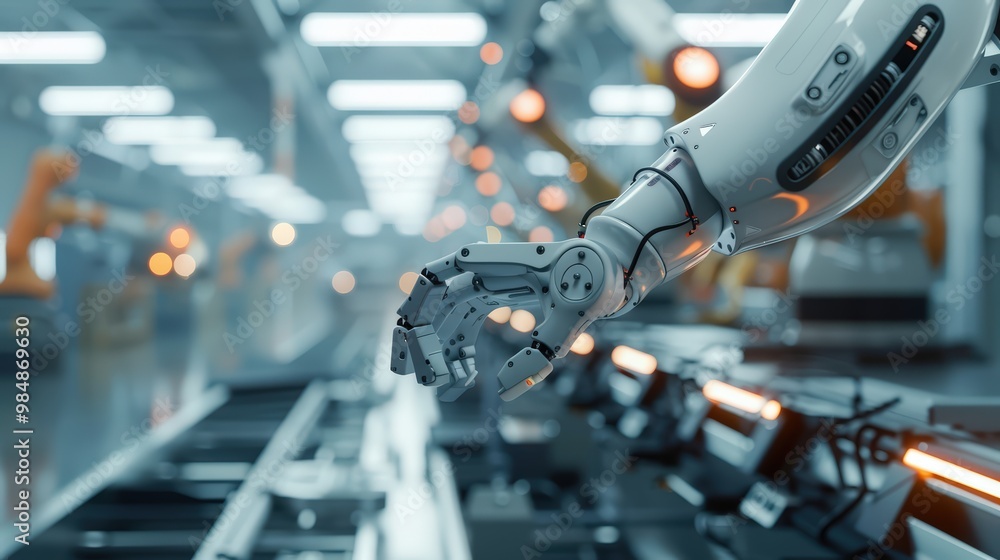 Poster robotic arms operating on a factory assembly line, illustrating ai driven automation in manufacturin