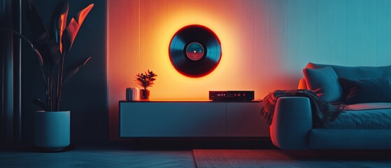 A living room with a record player and a potted plant