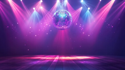 Party in concert stage with disco ball of the disco era