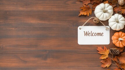 A warm wooden welcome sign is surrounded by vibrant pumpkins and autumn leaves, creating an inviting atmosphere perfect for greeting guests during the fall season