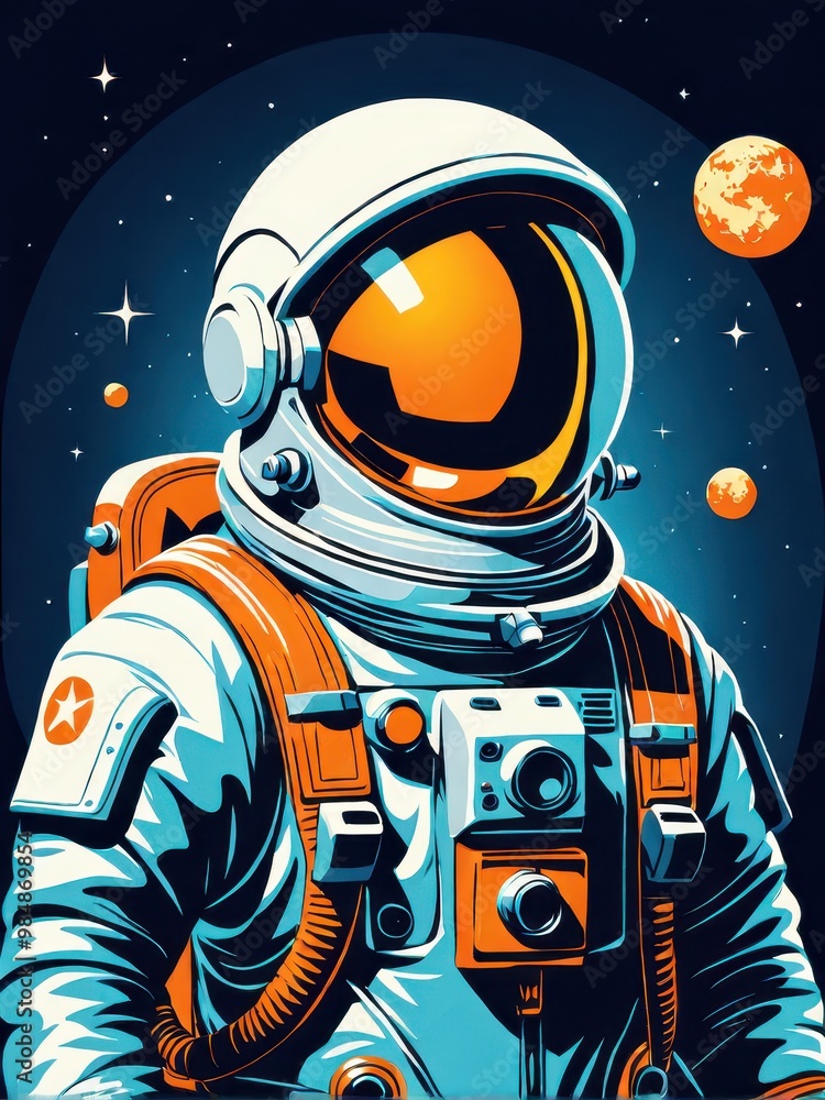 Poster a retro-style astronaut in space, surrounded by planets and stars, showcasing exploration and advent