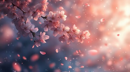 A serene image of cherry blossoms gently swaying in the breeze, with petals floating through the air and creating a peaceful, dreamy atmosphere.