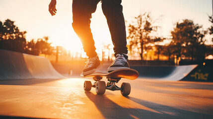 Portrait skateboarder riding a skate at sunset, copy space. generative ai image. Skatepark. Illustration