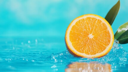 A juicy orange slice floats in a sparkling blue pool, symbolizing summer, refreshment, tropical vibes, citrusy delight, and relaxation.