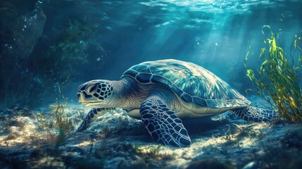 Fototapeta premium A serene underwater scene of a sea turtle resting on the ocean floor among seaweed and small marine creatures, capturing the peacefulness of the underwater world.