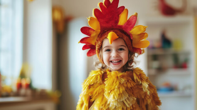 A joyful child dressed in a colorful turkey costume celebrates at home with a cheerful smile and festive decorations