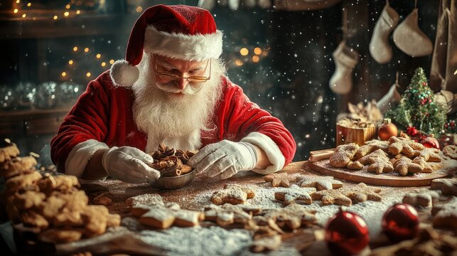 Santa Claus is baking a variety of christmas cookies, sweets with star anise and cinnamon, traditional holiday baking, homemade gingerbread, generative AI transparent background