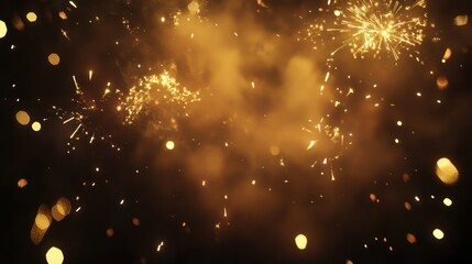 Silvester Party New Year, 2025 New Year's eve party festival background banner panorama long greeting card - Golden firework, sparklers, pyrotechnics, bokeh lights on dark black night sky