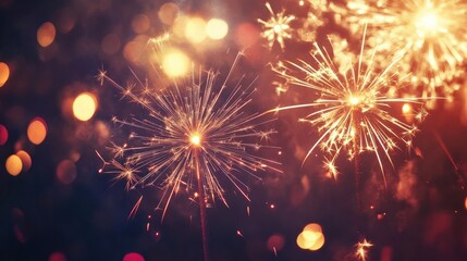 Fototapeta premium Silvester Party Banner: Rustic Night Sky New Year Fireworks Panorama with Sparklers & Pyrotechnics