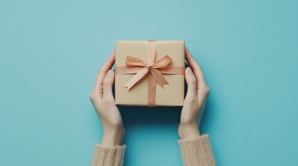 Top view of hands holding craft paper gift box with ribbon bow on isolated pastel blue background. Generated AI. transparent background