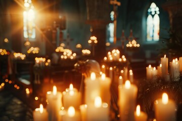 Burning candles in catholic church in the evening candle fire