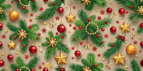 A decorative backdrop filled with lush green pine branches, shimmering ornaments, and festive stars, perfect for holiday advertisements and celebrations