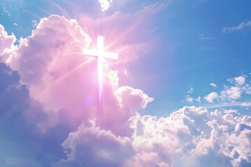 Fototapeta premium Bright Christian cross symbolizes hope love and freedom in sky.