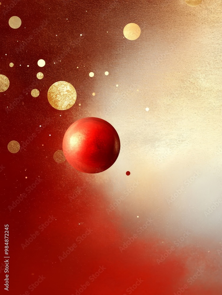 Poster abstract red and gold bokeh background texture with a large red orb and scattered gold orbs, symboli