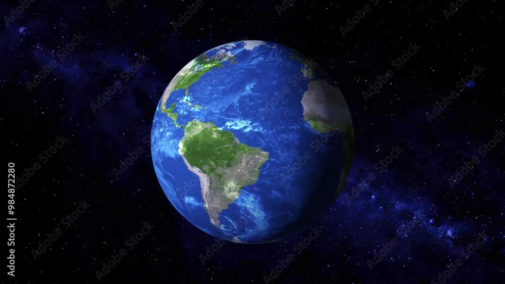 Poster planet earth on the background of the galaxy. earth rotating from space, view of the planet's surfac
