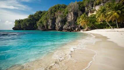 Obraz premium Pristine tropical cove with clear water and towering cliffs