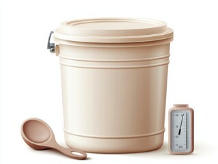 A neutral-toned bucket with lid, a measuring spoon, and a thermometer, perfect for storage and monitoring temperatures, white background