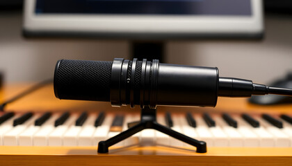 A sleek black microphone on a stand, ready to capture the magic of music and voice, whether for recording a studio album, a live concert performance, or a simple karaoke session