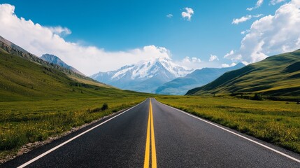 Naklejka premium A scenic road winding through green meadows towards a majestic snow-capped mountain, symbolizing ambition, progress, adventure, and the journey to achieve goals.