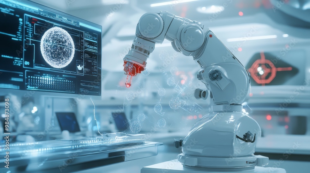 Poster a futuristic laboratory setting featuring an advanced robotic arm manipulating a glowing sphere, sym