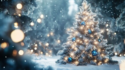 Naklejka premium A snowy Christmas tree decorated with silver tinsel, blue baubles, and glowing fairy lights, creating a magical scene.