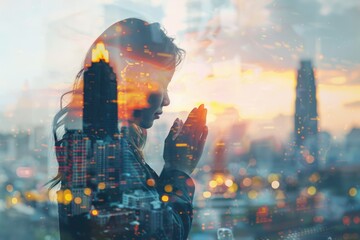Fototapeta premium Praying girl with city background faith and spirituality concept.