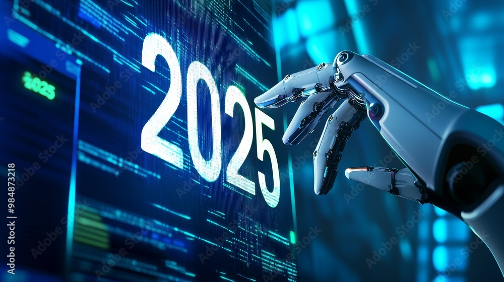 Aufkleber a robotic hand reaches out to interact with a digital screen displaying the year 2025, symbolizing t